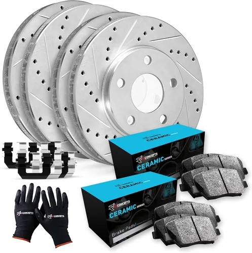 R1 Concepts Kit de freno delantero y trasero para Honda Element 2003-2011| Rotores de freno ranurados perforados | Kit de pastillas de freno y