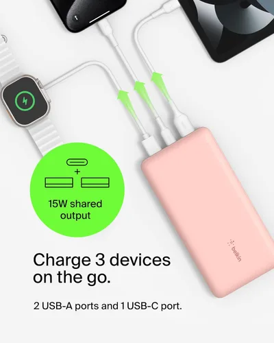 Miniatura 6 de Belkin Cargador portátil, banco de energía USB C de 20000 mAh con 1 puerto USB-C y 2 puertos USB-A, 15 W con cable tipo A a tipo C - iPhone 17, Air