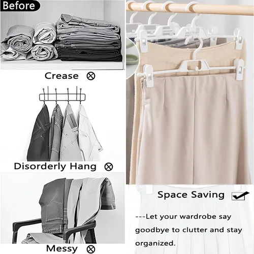 Miniatura 6 de Perchas de plástico para pantalones con clips, 10 perchas para pantalones con clips giratorios y ajustables de 360°, colgador de ropa apilable