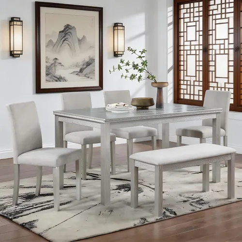 Miniatura 9 de LUMISOL - Juego de mesa de comedor de madera maciza con 4 sillas tapizadas y banco para cocina, comedor, sala de estar, gris plateado