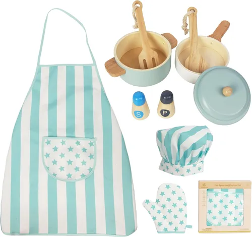 Juego de delantal y sombrero de chef y juguetes de cocina para niños, utensilios de cocina de madera, accesorios para juego de cocina de simulación,