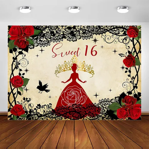 Avezano Telón de fondo retro con temática de princesa gótica de 16, decoración de fiesta de cumpleaños, color negro y rojo, fondo fotográfico de