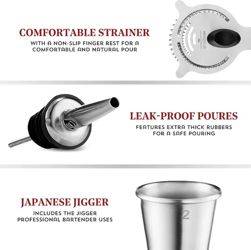 Miniatura 3 de Boston Shaker Set Barman Kit – Juego de 13 piezas de coctelera – Mezclador de bebidas para bar en casa con todos los accesorios de bar