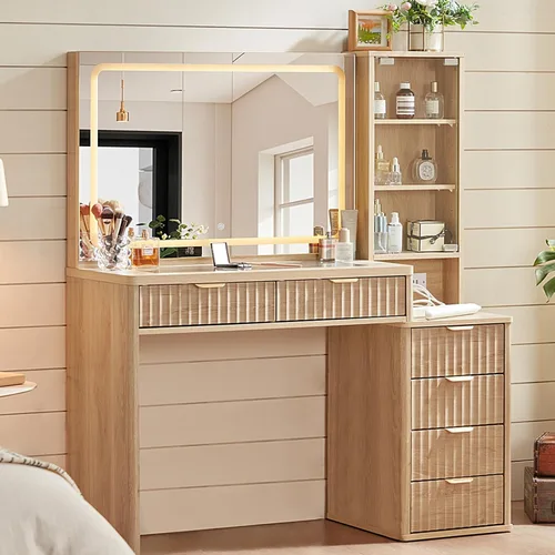 Miniatura 11 de LEYAOYAO Escritorio de tocador con espejo y luces, tocador de maquillaje acanalado de 43.5 pulgadas con 6 cajones y estantes ajustables, tocador