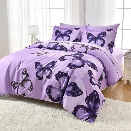 ARTALL Bed in A Bag - Juego de edredón de 5 piezas, tamaño twin, diseño de mariposas grandes, color morado, para todas las estaciones, con edredón,