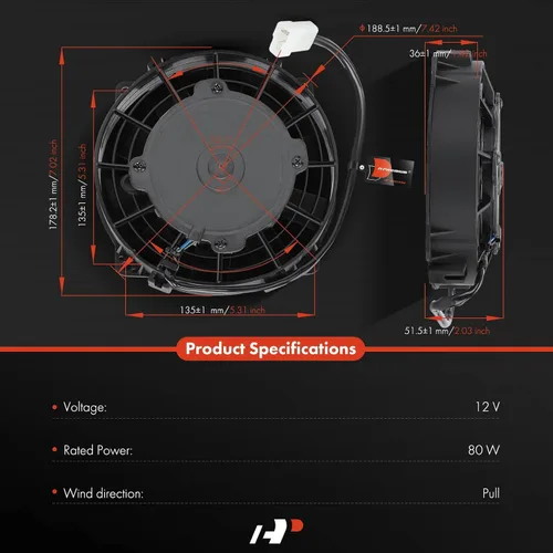 Miniatura 2 de A-Premium 6.5'' 16,5 cm Ventilador delgado universal de enfriamiento de radiador eléctrico de tracción, 12V 80W con kit de montaje