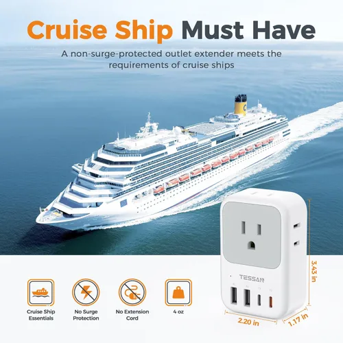 Miniatura 5 de TESSAN Bloque de cargador USB C de 20 W PD, adaptador de carga rápida con enchufe plegable, extensor de toma de corriente de 1875 W (4 CA y 4 USB)