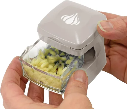 Miniatura 4 de Prensa de ajo Garlic-A-Peel, trituradora, cortadora, picadora y contenedor de almacenamiento - Incluye pelador de ajo de silicona - Fácil de limpiar