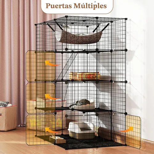 Miniatura 3 de Tangkula Jaula para Gatos de Interior, Recinto Grande para Gatos de 4 Niveles de 56" con Tragaluz, Hamaca, 3 Escaleras, Perrera de Alambre Metálico
