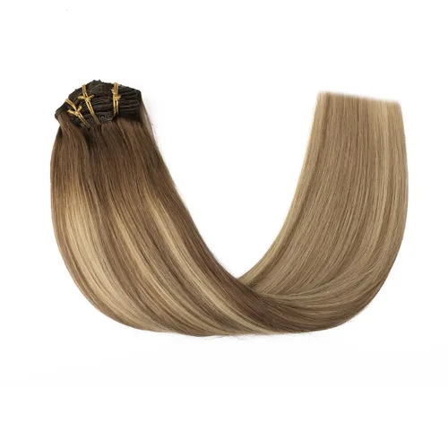 Miniatura 7 de Sindra Extensiones de cabello humano con clip, balayage 3/8/22 de color marrón oscuro a marrón ceniza y rubio dorado, extensiones de cabello humano