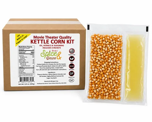 Dasher's Spice & Beans - Kit de maíz todo en uno para cine en casa, paquete de porciones con granos, aceite y condimentos, paquete de 4 unidades