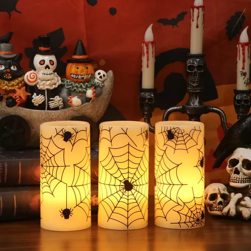 Miniatura 5 de Eldnacele - Velas parpadeantes de Halloween sin llama con temporizador, velas de cera real con calcomanías de telaraña, juego de 3 velas LED