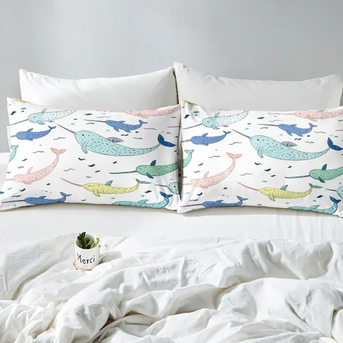 Miniatura 4 de Juego de ropa de cama Narwhal Ocean Whale - Juego de sábanas bajeras náuticas costeras para niños y niñas, vida marina, animales de dibujos