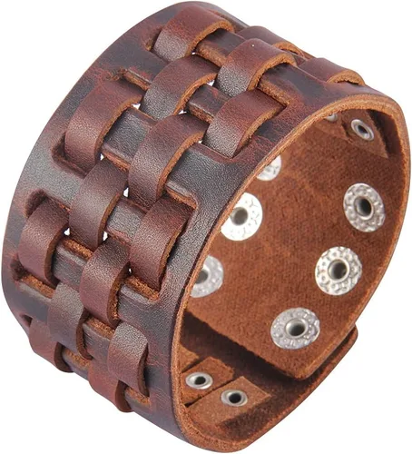 Miniatura 35 de Jeilwiy Pulseras de cuero punk para hombres, pulseras hechas a mano, brazalete ancho, joyería trenzada, color negro y marrón, ajustable, regalos