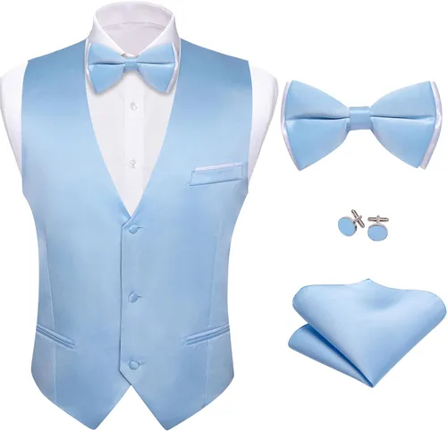 Barry.Wang Chaleco formal de negocios para hombre, cuello en V, ajustado, casual, color sólido, conjunto de corbatín para boda, fiesta, esmoquin