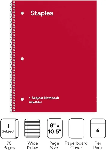Miniatura 2 de STAPLES Cuaderno de espiral de 1 materia, rayas anchas, 70 hojas, colores surtidos, paquete de 6