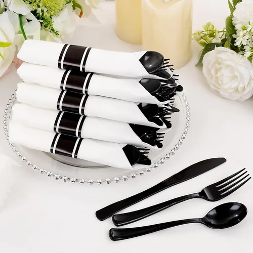 Miniatura 9 de Supernal Paquete de 120 cubiertos de plástico negro, cubiertos enrollados desechables, juego de cubiertos preenvueltos con servilleta, utensilios