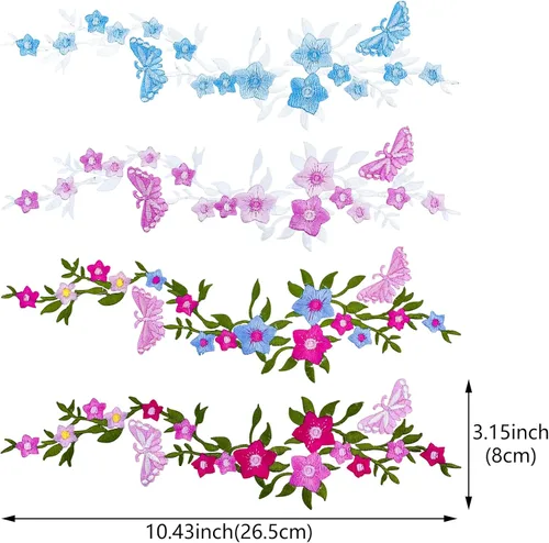 Miniatura 2 de 8 parches bordados de flores de mariposa, parches largos florales para planchar con apliques para coser en adornos, parches bordados para bricolaje
