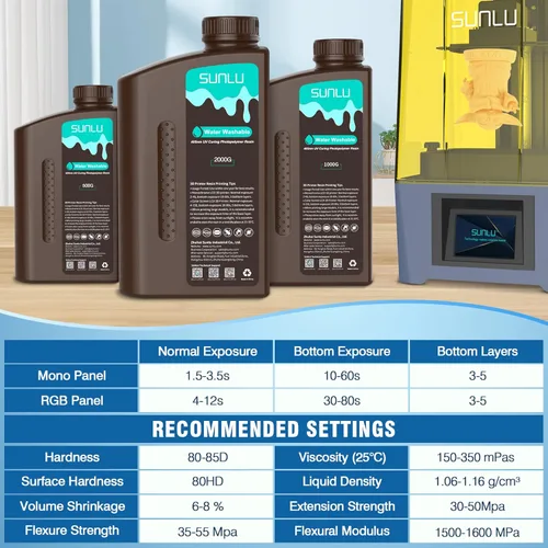 Miniatura 7 de SUNLU - Resina lavable al agua de 1000 g, resina de impresora 3D de curado rápido para impresoras 3D de resina LCD DLP SLA, resina de fotopolímero