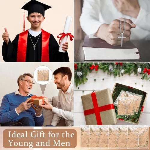 Miniatura 6 de Ecation Juego de 24 collares de cruz de Pascua a granel, colgante de acero inoxidable plateado con cadena y tarjeta de oración del Señor, regalos