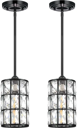 Paquete de 2 lámparas colgantes de isla de cocina moderna con acabado negro, pantalla de cristal para bar, comedor, pasillo, sala de estar sobre el