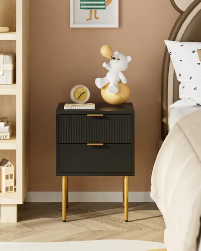 Miniatura 9 de Mesita de noche, mesita de noche pequeña con marco dorado, mesita de noche negra, muebles de noche, mesa auxiliar con 2 cajones para dormitorio