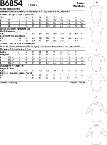 Miniatura 2 de Butterick Misses' Top/Tunic, Code B6854 - Kit de patrones de costura, tallas 8-10-12-14-16, multicolor
