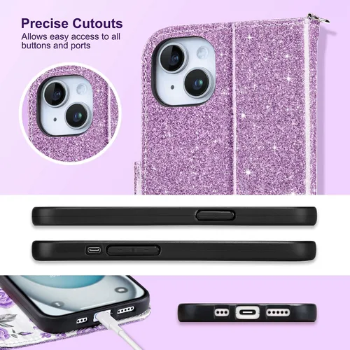 Miniatura 8 de ULAK Compatible con iPhone 15 Estuche tipo cartera para mujer, funda tipo billetera de piel PU premium con tarjetero, función de caballete, estuche