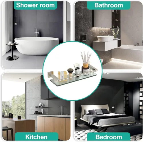 Miniatura 6 de Estantes de vidrio para baño, estantes de baño de níquel cepillado de 16 pulgadas para pared, rectangulares de acero inoxidable, vidrio templado