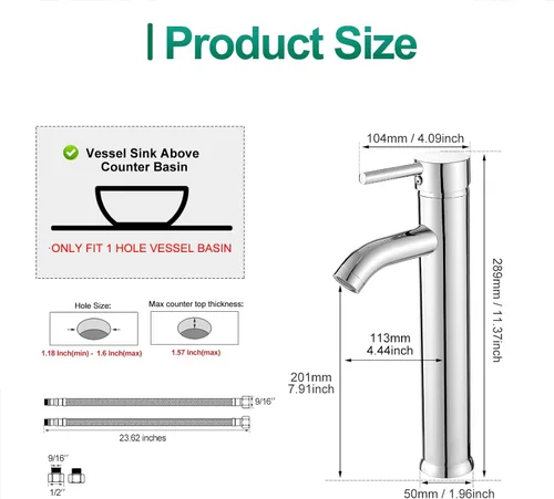 Miniatura 4 de VOTON - Grifo para lavabo de diseño moderno, mezclador de cromo, cuerpo alto, mango único, un solo agujero, llave para lavabo T-cromo