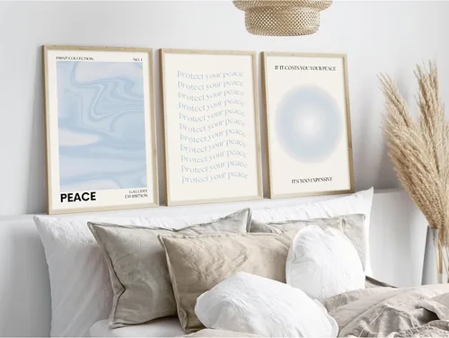 Arte de Pared Decorativo de Aura Azul Estética Retro Arte de Pared en Lienzo Imágenes Abstractas Pastel Impresiones Póster Espiritual de Degradado