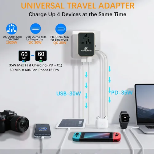Miniatura 2 de Adaptador de viaje mundial de 35 W, adaptador de corriente internacional 4 en 1 con 2 puertos USB-C y 2 puertos USB-A, salida de CA todo en uno