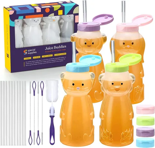 Special Supplies Honey Bear - Taza de paja para bebés, paquete de 4, divertida bebida de entrenamiento de destete con forma de animal para