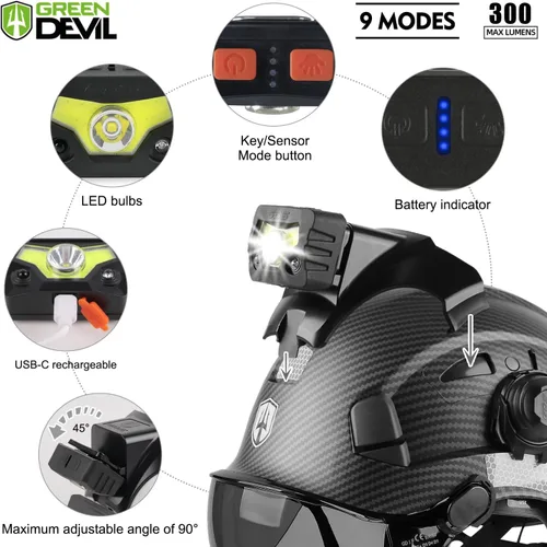 Miniatura 4 de Casco de seguridad con visera GREEN DEVIL con orejeras Bluetooth y faro 5 en 1 Protección completa Cascos de Construcción con ventilación Hardhat