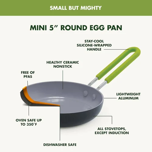 Miniatura 4 de Sartén GreenPan antiadherente, de cerámica, pequeña y redonda para huevos, de 5", Sartén redondo pequeño para huevos, 5", Gris Negro