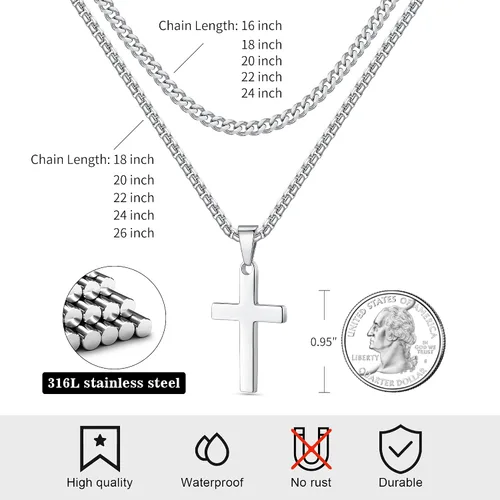 Miniatura 5 de LUXEJEW Collar de cruz de acero inoxidable para hombres y niños, cadena de eslabones cubanos de plata dorada y negra, cadena de cadena con colgante