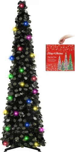 Miniatura 15 de MACTING Árbol de Navidad desplegable con 50 luces LED con temporizador, 5 pies, árbol de lápiz de oropel plegable de fácil montaje, árbol artificial
