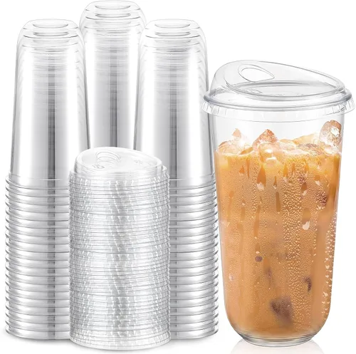 Miniatura 19 de Baderke 100 Vasos de Plástico con Tapas para Sorber Fondo Redondo Vasos de Café de Plástico Desechables con Tapas Tazas de Cristal Transparentes sin