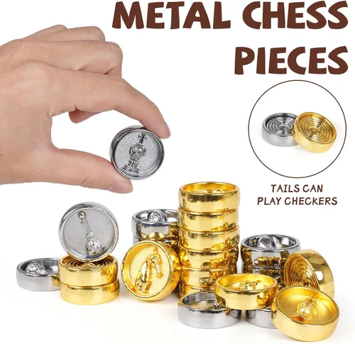 Miniatura 2 de Juego de ajedrez y damas de metal 2 en 1 para adultos y niños - Juegos de ajedrez de viaje de lujo de madera plegable con almacenamiento - Juego