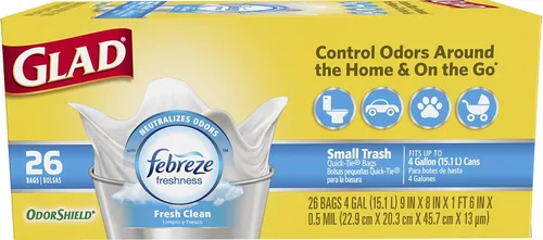 Glad Febreze - Bolsas de basura pequeñas de 4 galones, bolsas de basura frescas y limpias, resistentes al olor con amarre rápido, 26 unidades
