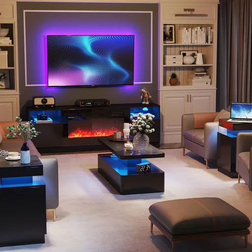 Miniatura 4 de oneinmil Mesa de centro LED moderna, mesas de sala de estar de 40 pulgadas con luces LED de 16 colores, diseño de doble capa, elegantes mesas