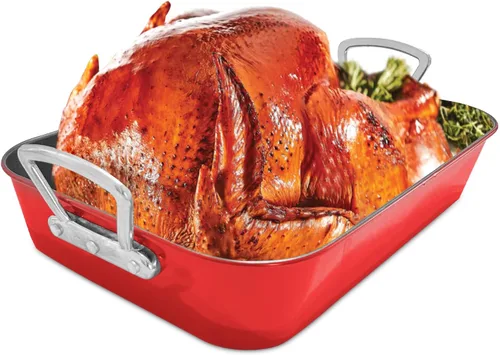 Miniatura 2 de Sartén para asar con estante antiadherente para hornear con asa, de acero al carbono, para asar pavo, pollo, verduras, carne de res, mariscos, Rojo