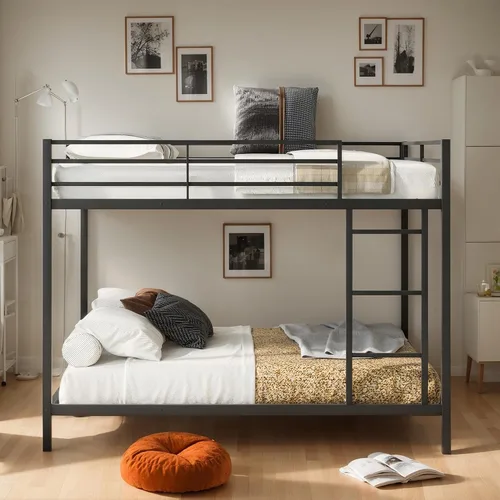 Miniatura 5 de DlandHome Litera de metal matrimonial sobre tamaño matrimonial con escalera, marco de litera de perfil bajo para niños y adultos, litera de acero