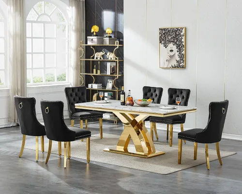 Miniatura 19 de Moderno juego de mesa de comedor de mármol para 4, juego de mesa de comedor de lujo para 4, mesa de comedor de mármol sintético de 68 pulgadas