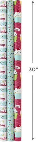 Miniatura 3 de Hallmark Rollos de papel de regalo de cumpleaños, papel de regalo colorido, flores, cupcakes, rayas, lunares