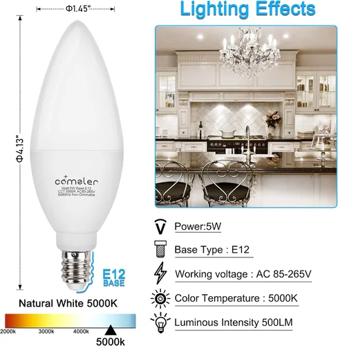 Miniatura 2 de comzler - Foco LED E12 de Candelabro, bombillas LED para ventilador de techo equivalentes a 60 W, focos LED de araña de luz diurna 5000K, bombilla