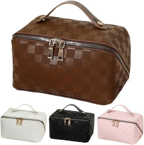 Miniatura 16 de Bolsas de maquillaje a cuadros de gran capacidad, bolsas de cosméticos portátiles de viaje, bolsa de aseo abierta y plana para mujeres y niñas