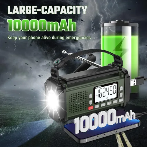 Miniatura 2 de PRUNUS J-924 10000mAh/37000mWh Radio de emergencia con manivela, pilas AAA, radio de emergencia solar, radio meteorológica NOAA AM/FM/SW, carga USB
