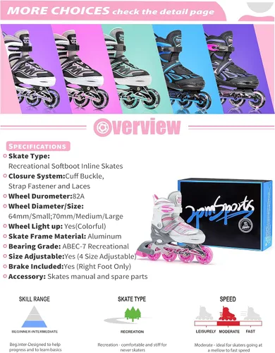 Miniatura 7 de 2PM SPORTS - Patines en línea Cytia para niñas, ajustables, con ruedas iluminadas, rosa, con ruedas con luces, patines divertidos y parpadeantes