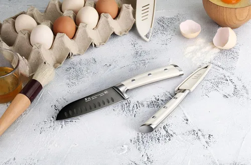 Miniatura 5 de Cangshan S+ Series 1022100 - Juego de cuchillos de iniciación Santoku de acero alemán forjado de 2 piezas con revestimiento de titanio, con vainas